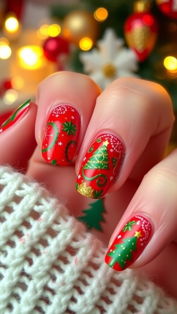Close-up of red and green Christmas nail art with festive designs and glitter.